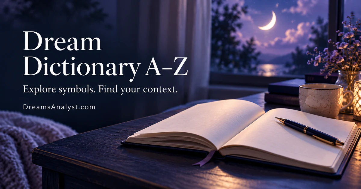 An open dream journal and pen beside a moonlit window, with Dream Dictionary A–Z and DreamsAnalyst.com branding.